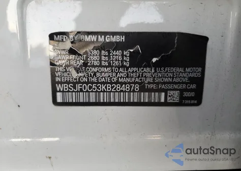 2019 BMW M5 из США, поврежденный, VIN WBSJF0C53KB284878